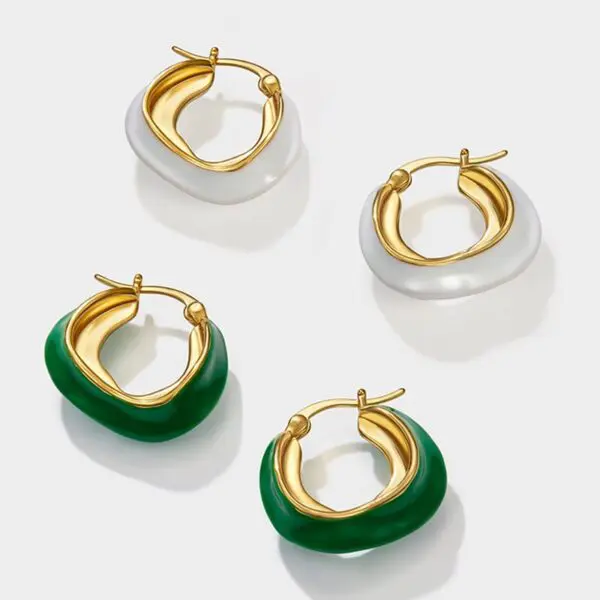Hollow White Green Color Enameled Irregular Earrings Multi Edge Geometric Earrings