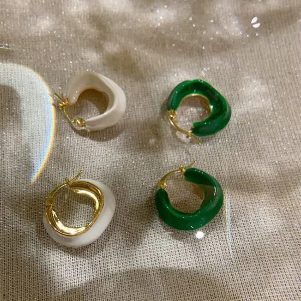 Hollow White Green Color Enameled Irregular Earrings Multi Edge Geometric Earrings