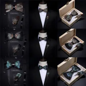 Original USA Design Hand Made Brand Natural Brid Feather Exquisite Bow Tie Brooch Pin Set
