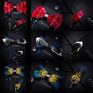 Original USA Design Hand Made Brand Natural Brid Feather Exquisite Bow Tie Brooch Pin Set