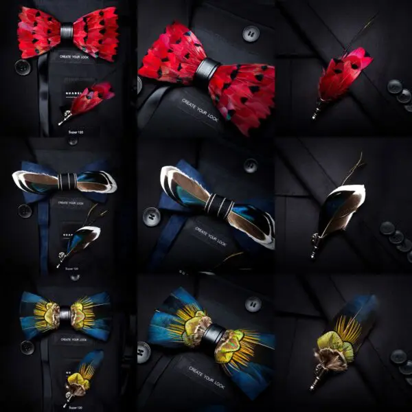 Original USA Design Hand Made Brand Natural Brid Feather Exquisite Bow Tie Brooch Pin Set