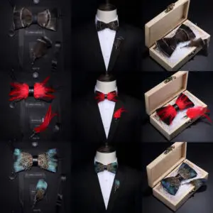 Original USA Design Hand Made Brand Natural Brid Feather Exquisite Bow Tie Brooch Pin Set