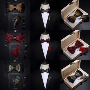 Original USA Design Hand Made Brand Natural Brid Feather Exquisite Bow Tie Brooch Pin Set