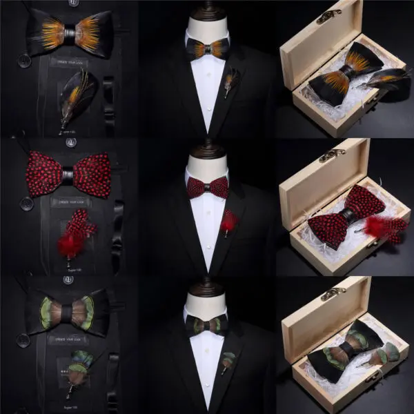 Original USA Design Hand Made Brand Natural Brid Feather Exquisite Bow Tie Brooch Pin Set