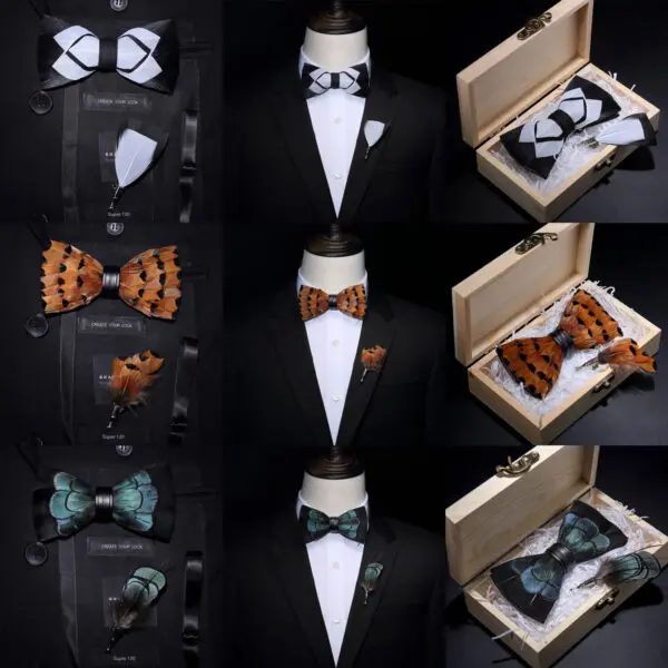 Original USA Design Hand Made Brand Natural Brid Feather Exquisite Bow Tie Brooch Pin Set