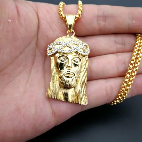 Stainless Steel Iced Out Jesus Piece Pendant Gold Necklace for Men. - Image 4
