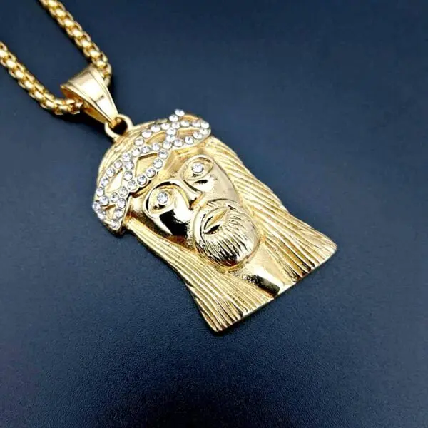 Stainless Steel Iced Out Jesus Piece Pendant Gold Necklace for Men.