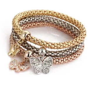 Hot Selling 3 Pcs Crystal Butterfly Popcorn Elastic Bracelets Set.