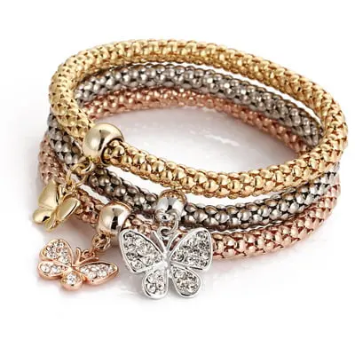Hot Selling 3 Pcs Crystal Butterfly Popcorn Elastic Bracelets Set.