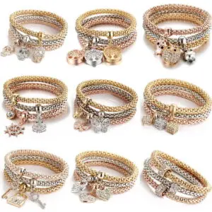 Hot Selling 3 Pcs Crystal Butterfly Popcorn Elastic Bracelets Set.