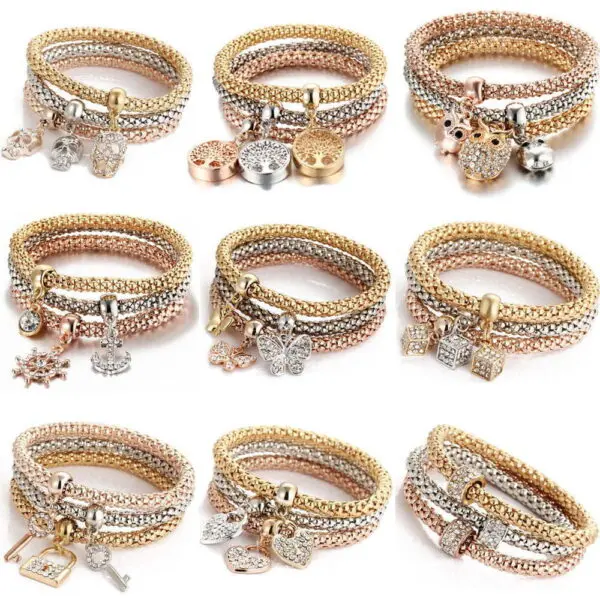 Hot Selling 3 Pcs Crystal Butterfly Popcorn Elastic Bracelets Set.