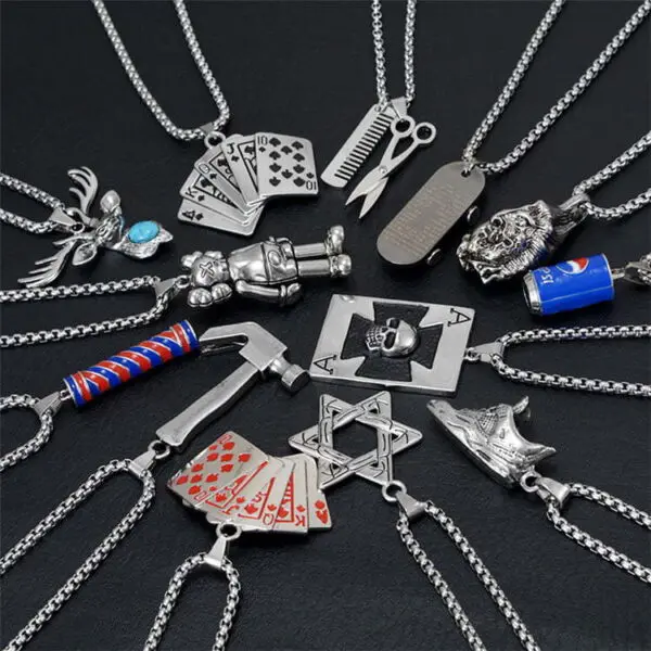 Stainless Steel Men Metal Poker Pendant, Hip Hop, Skateboard Pendant Long Chain Necklace