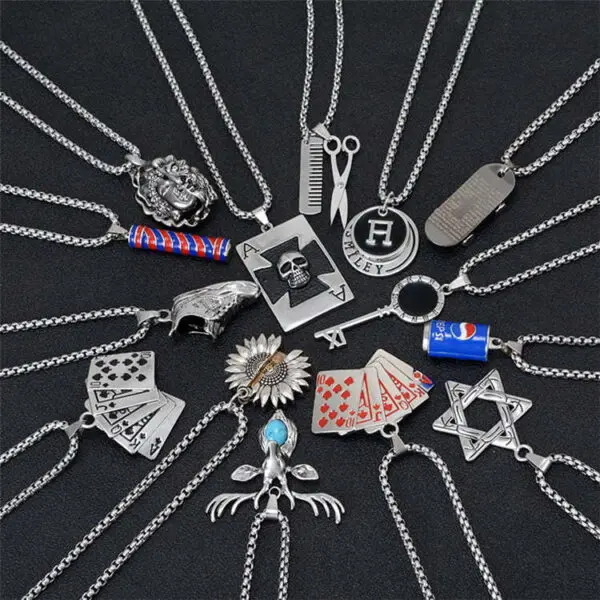 Stainless Steel Men Metal Poker Pendant, Hip Hop, Skateboard Pendant Long Chain Necklace