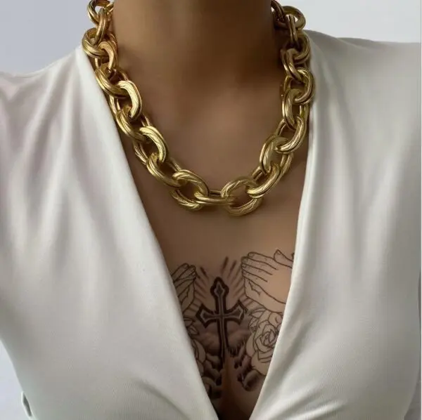 Vintage Chunky Thick Curb Cuban Choker Collar Statement Heavy Metal Gold Clavicle Necklace