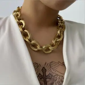 Vintage Chunky Thick Curb Cuban Choker Collar Statement Heavy Metal Gold Clavicle Necklace