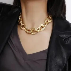 Vintage Chunky Thick Curb Cuban Choker Collar Statement Heavy Metal Gold Clavicle Necklace