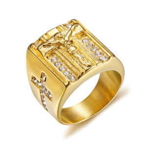 Crystal Gold Plated 316L Surgical Stainless Steel Men Jesus Cross Ring.