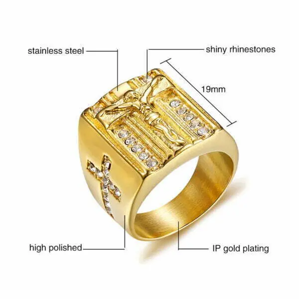 Crystal Gold Plated 316L Surgical Stainless Steel Men  Jesus Cross Ring. - Image 3