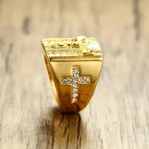 Crystal Gold Plated 316L Surgical Stainless Steel Men  Jesus Cross Ring. - Image 5