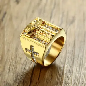 316L Crystal Gold Plated Stainless Steel Jesus Cross Ring - Image 2