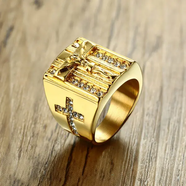 316L Crystal Gold Plated Stainless Steel Jesus Cross Ring - Image 2