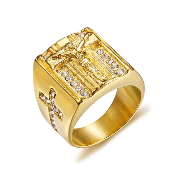 316L Crystal Gold Plated Stainless Steel Jesus Cross Ring