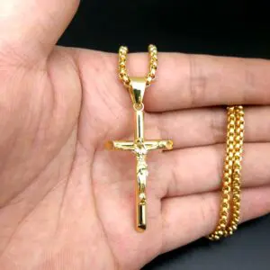 316L Stainless Steel PVD 18k Gold Plated Jesus Cross Necklace - Image 2