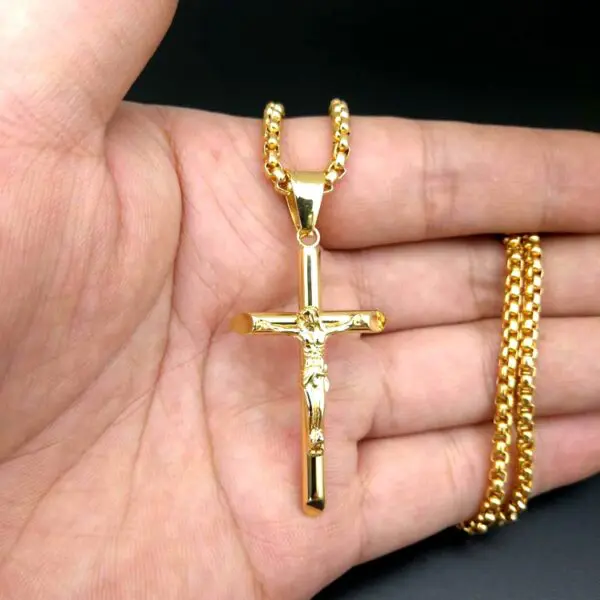 316L Stainless Steel PVD 18k Gold Plated Jesus Cross Necklace - Image 2