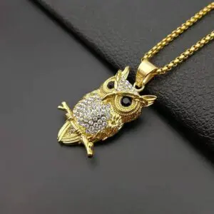 Gold Plated Iced Out Crystal Owl Necklace - Image 3