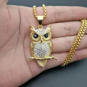 Gold Plated Iced Out Crystal Owl Necklace - Image 4