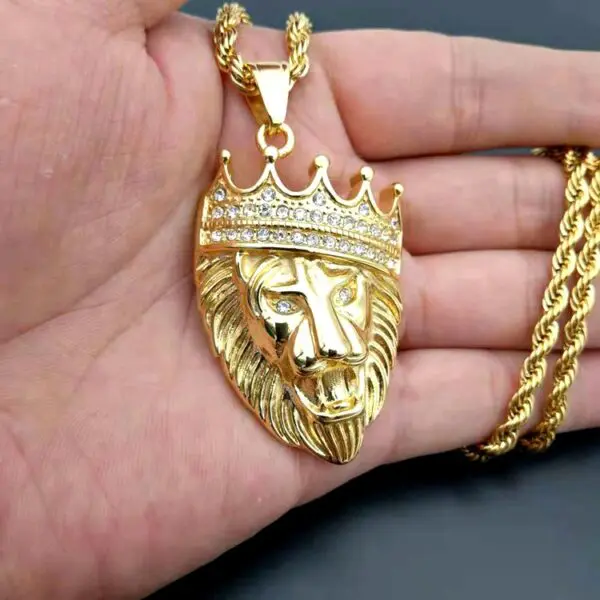 Gold Plated Stainless Steel Crown Lion Head Icedout Necklace - Image 2