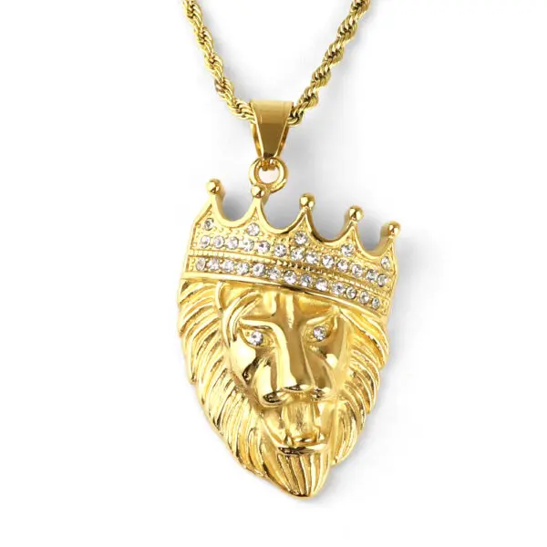 Gold Plated Stainless Steel Crown Lion Head Icedout Necklace