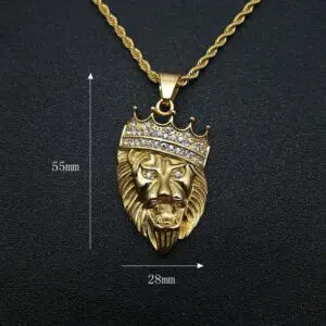 Gold Plated Stainless Steel Crown Lion Head Icedout Necklace - Image 3