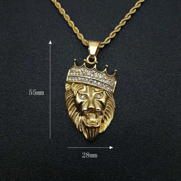 Gold Plated Stainless Steel Crown Lion Head Icedout Necklace - Image 3