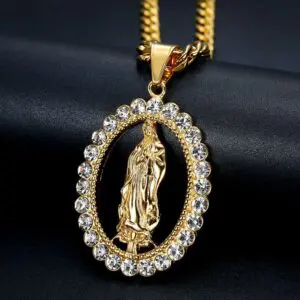 Gold Plated Stainless Steel Crystal Stones Virgin Mary Necklace - Image 2
