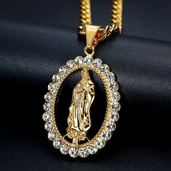Gold Plated Stainless Steel Crystal Stones Virgin Mary Necklace - Image 2