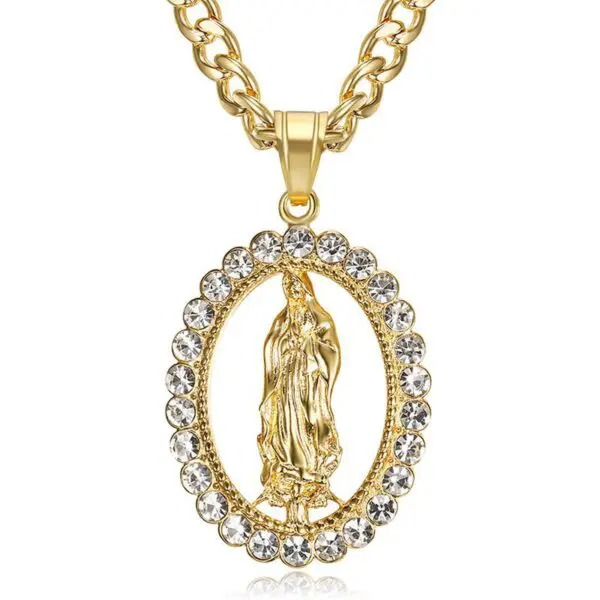 Gold Plated Stainless Steel Crystal Stones Virgin Mary Necklace