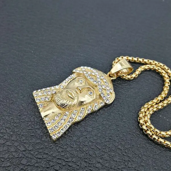 Gold Plated Stainless Steel Iced Out Jesus Head Piece Necklace - Image 2