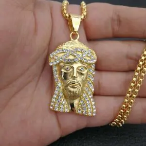 Gold Plated Stainless Steel Iced Out Jesus Head Piece Necklace - Image 3