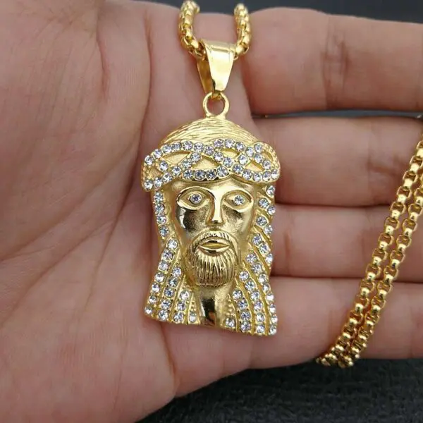Gold Plated Stainless Steel Iced Out Jesus Head Piece Necklace - Image 3