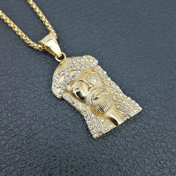 Gold Plated Stainless Steel Iced Out Jesus Head Piece Necklace