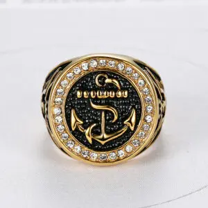 Heavy Gold Plating Men Anchor US Army Ring With Stone - Image 4