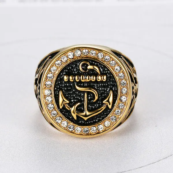 Heavy Gold Plating Men Anchor US Army Ring With Stone - Image 4