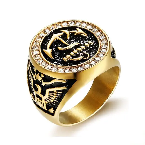 Heavy Gold Plating Men Anchor US Army Ring With Stone