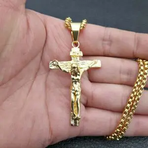 Stainless Steel Gold Plated Jesus Cross Necklace - Image 2
