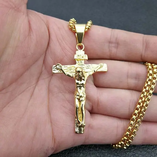 Stainless Steel Gold Plated Jesus Cross Necklace - Image 2