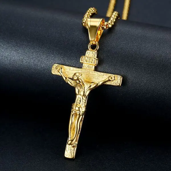 Stainless Steel Gold Plated Jesus Cross Necklace - Image 3