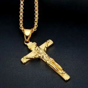 Stainless Steel Gold Plated Jesus Cross Necklace - Image 4