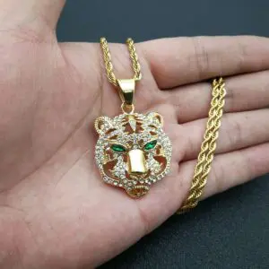Stainless Steel Green Crystal Stone Eye Tiger Iced Out Necklace - Image 2