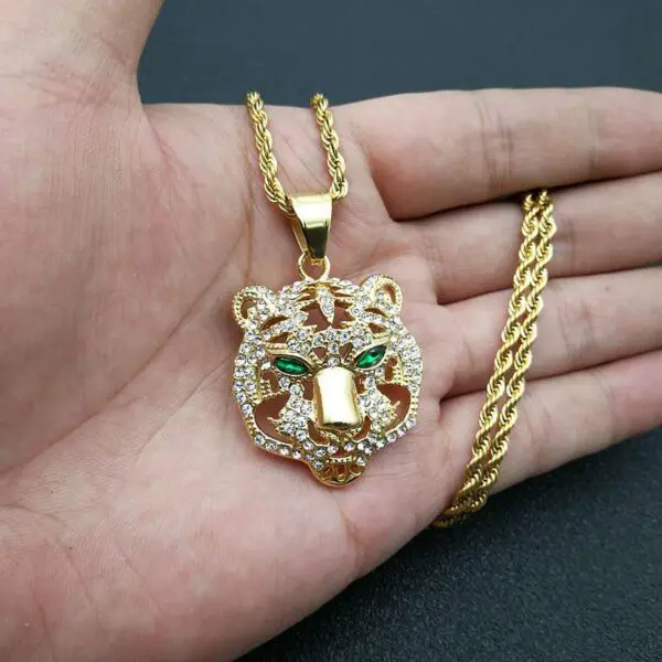 Stainless Steel Green Crystal Stone Eye Tiger Iced Out Necklace - Image 2